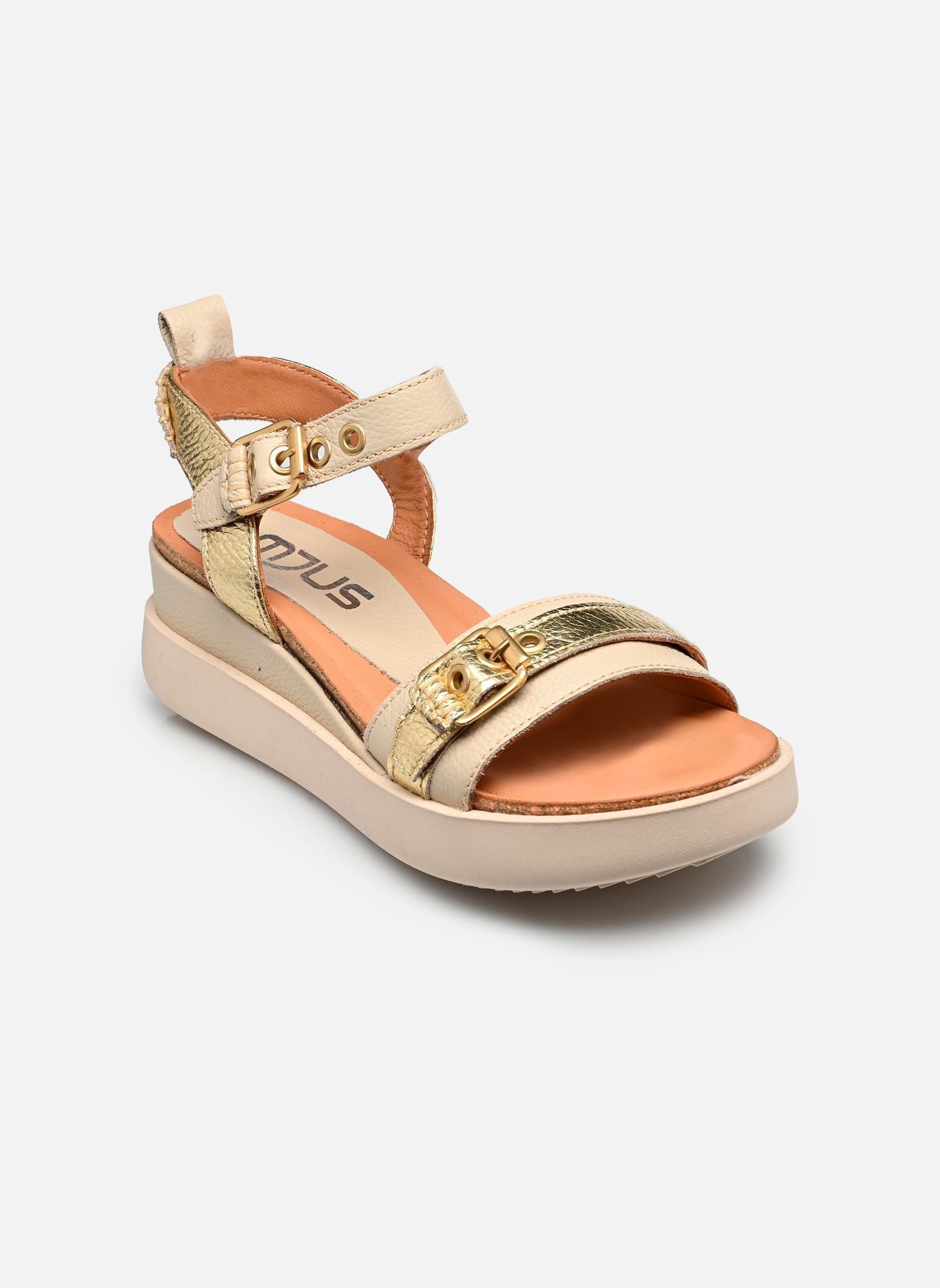 Mjus - Sandalo in pelle con zeppa avorio e dorato