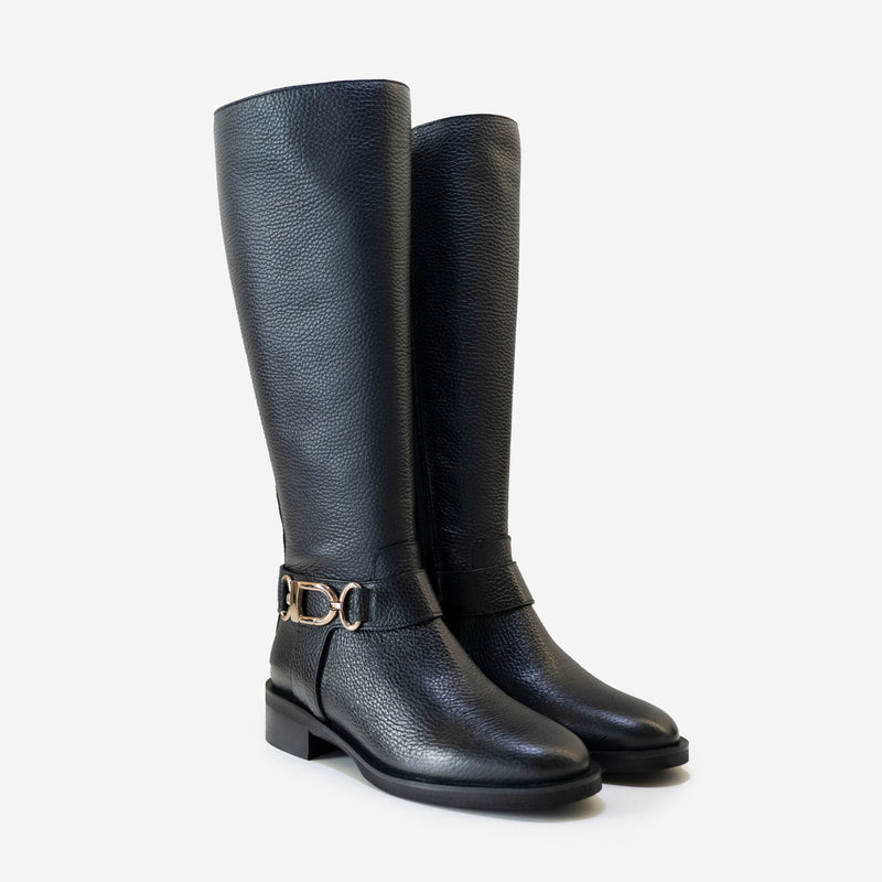 Evaluna Hoher Stiefel Mod. 2235 Dollaro Nero – aus gehämmertem Leder mit Zubehör