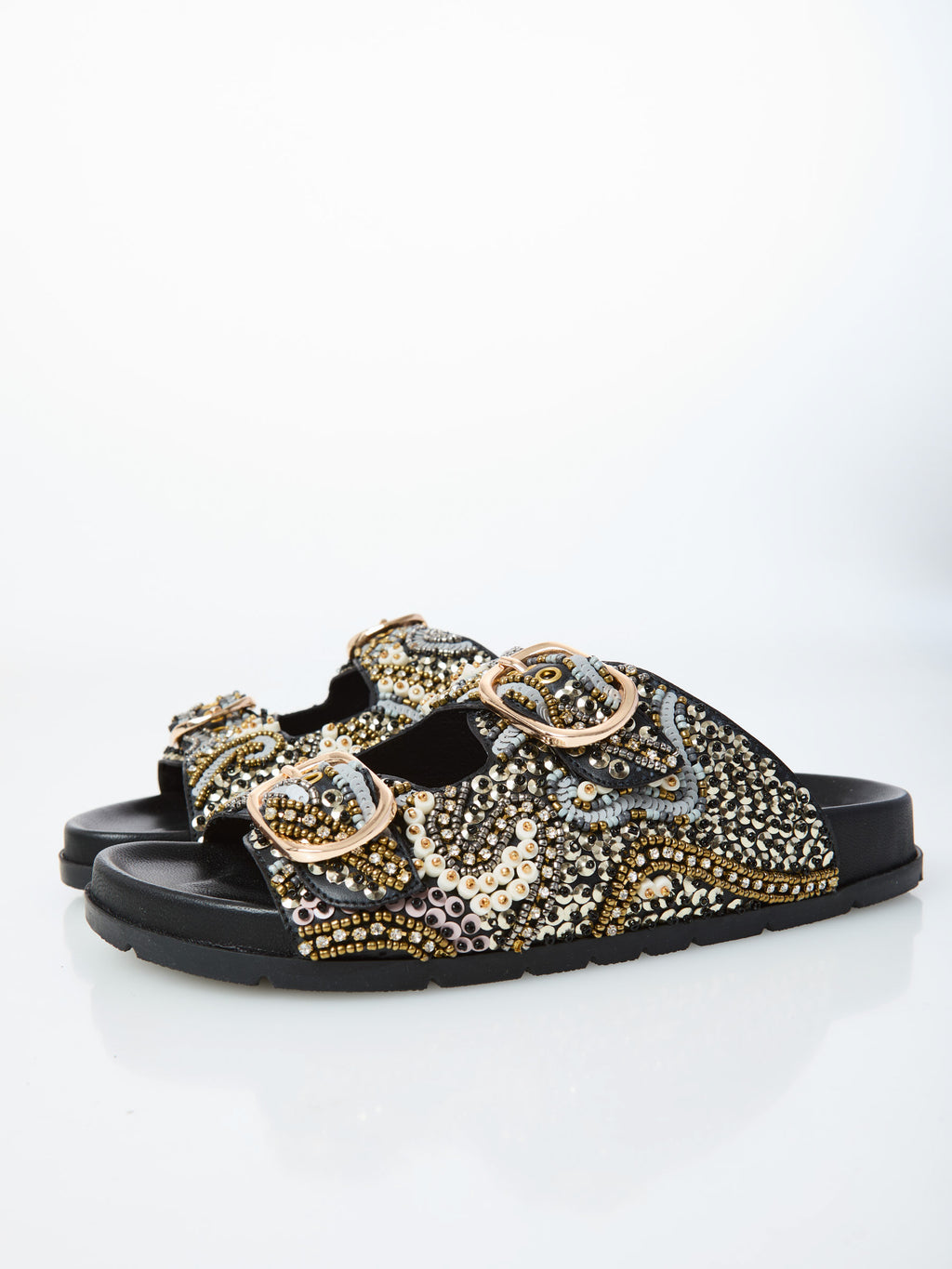 Ovyé - Sandalo ciabatta in pelle con perline col.Nero- Mod WINSOME