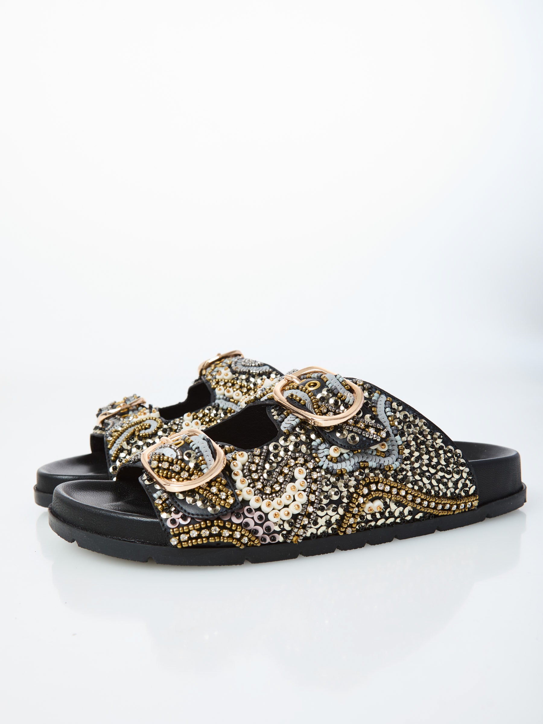 Ovyé - Sandalo ciabatta in pelle con perline col.Nero- Mod WINSOME