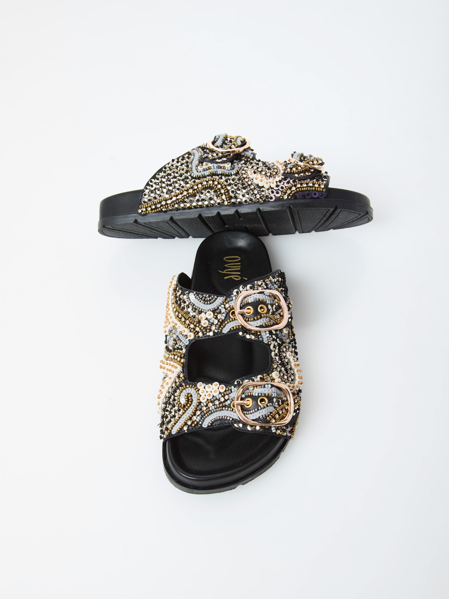 Ovyé - Sandalo ciabatta in pelle con perline col.Nero- Mod WINSOME